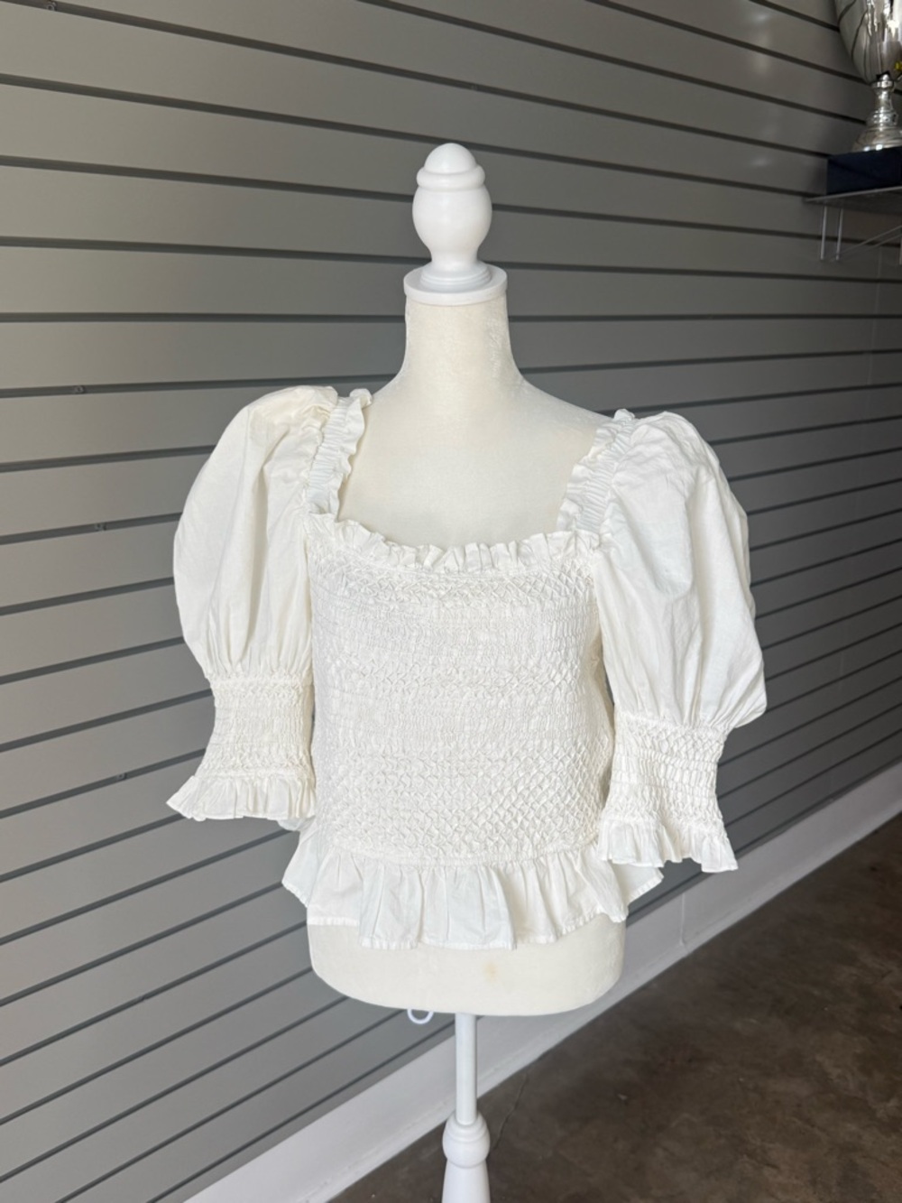 Sea New York White Smocked Puff Sleeve Ruffle Top